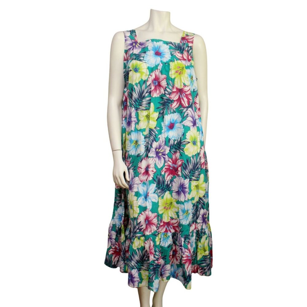 Vintage Blue Chez California Hawaiian Ruffle Cotton Dress Size XL MuuMuu Beach